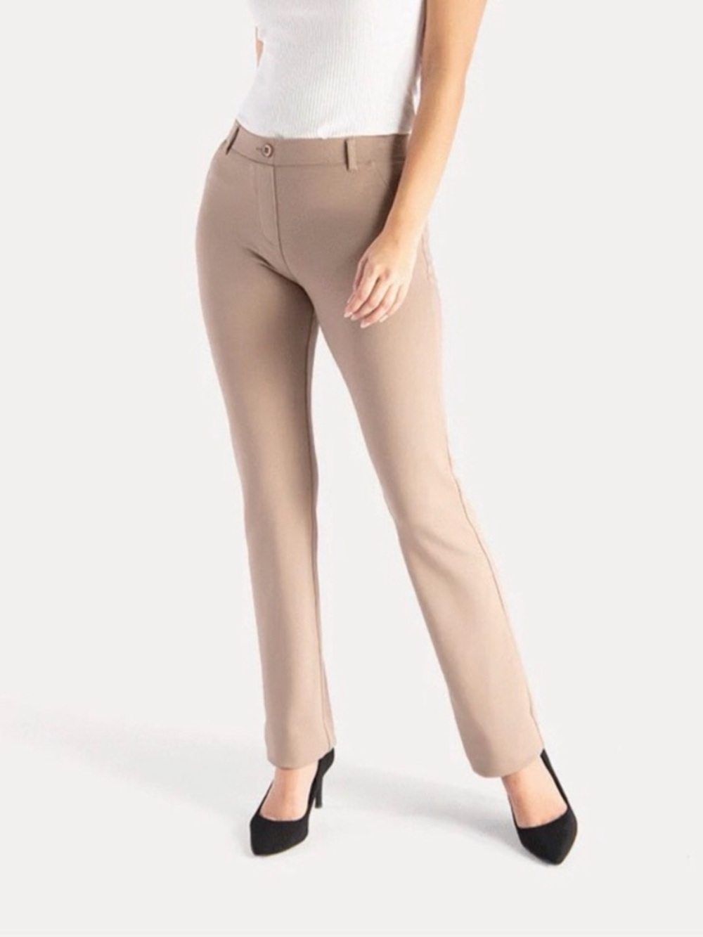 Betabrand Women's Taupe Straight-Leg Trousers